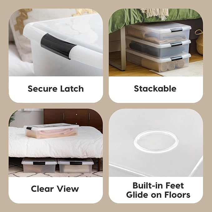 IRIS USA 40 Qt Plastic Under Bed Storage Nestable Organizer Bin Container with Secure Lids and Durable Buckles, 3-Pack, Under Bed Storage Containers for Clothes Shoes Bedding, Black/Clear-NeatNest