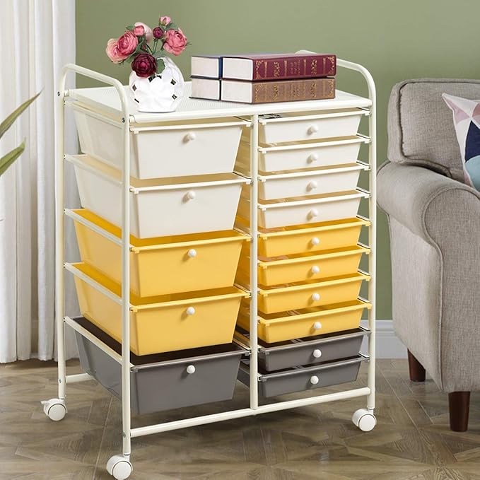 Giantex 15-Drawer Organizer Cart Office School Storage Cart Rolling Drawer Cart for Tools, Scrapbook, Paper (Yellow)