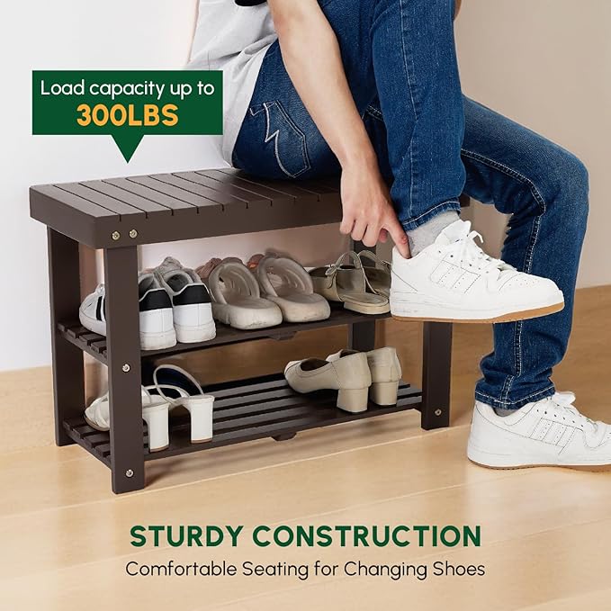 BEEFURNI Acacia Shoe Rack Bench, 3-Tier Sturdy Shoe Storage Bench, Wooden Footwear Organizer for Boots, 300 LBS Load Capacity, Perfect for Closet Entryway Bathroom, 1-Year Manufacturer Warranty, Brown-NeatNest