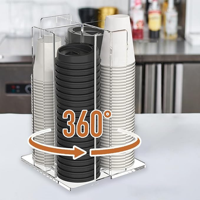 Cup and Lid Holder, 360° Rotated Coffee Cup Dispenser, Rotating Lid Carousel, Acrylic Cup Storage Organizer Beverage Cup Holder with 4 Compartments for Countertop Coffee Station Bar Restaurant, Clear-NeatNest