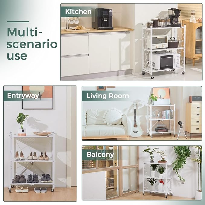 DEANIC 3 Tier Foldable Storage Shelves with Wheels, Large Capacity Shelving Unit, Freestanding Metal Wire Shelf Rack, No Assembly Organizer Rack for Garage Kitchen, Basement, Pantry(White Pack of 2)-NeatNest