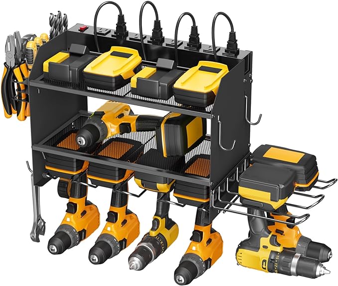 CCCEI Modular Power Tool Organizer Wall Mount Charging Station, Black 6 Drills Holder with 8 Plug Power Strip 10FT, Garage Drill Battery Heavy Duty Metal Shelf, Utility Rack with Hooks, Side Storage.-NeatNest