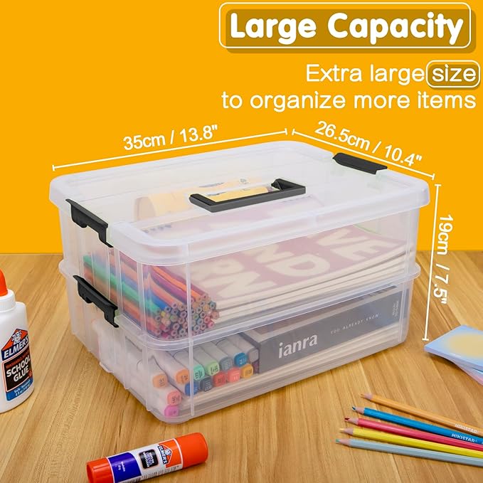 2 Layer Plastic Storage Containers with Lids, Multipurpose Clear Stack & Carry Box, Portable Craft Organizers and Storage Bin for Organizing Art & Craft, Sewing, Makeup, Nail Supplies (Black)