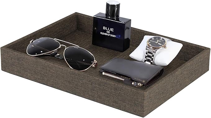 HofferRuffer Elegant Desktop Organizer Tray, Vanity Tray, Storage Jewelry Perfume Organizer, Dresse Catchall for Change Coin Key (Brown Black Faux Leather)-NeatNest
