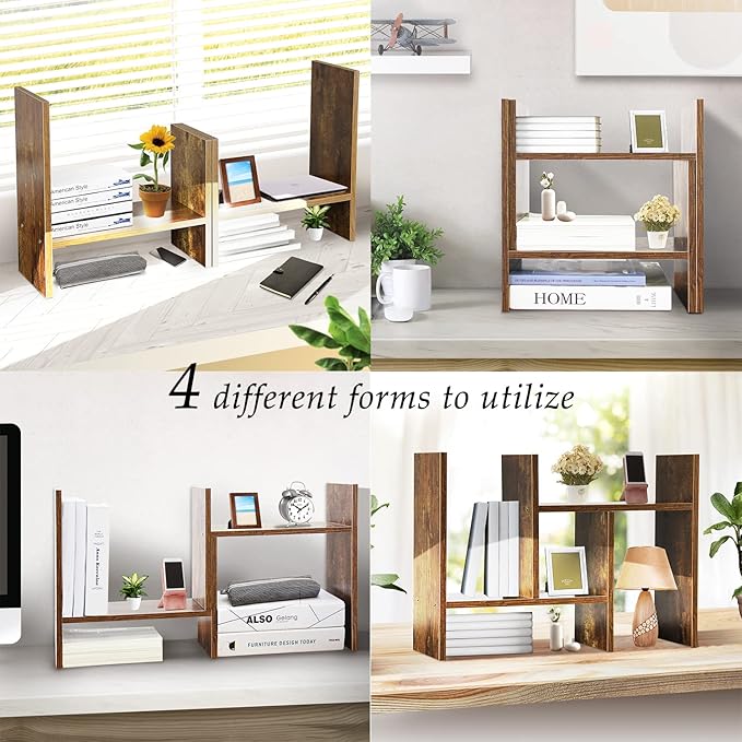 BROWN-BROWN Adjustable Wood Desk Shelf Organizer Office Home Multipurpose Desktop Shelf, Display Shelf Rack Top Mini Bookcase, Free Style Display Desktop Organization-NeatNest
