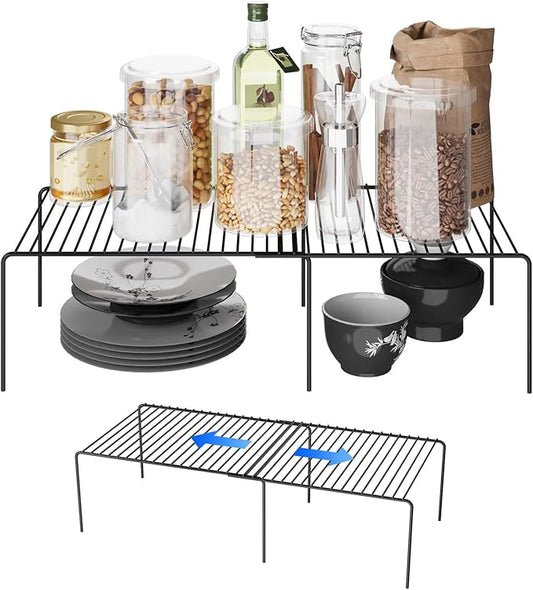 Expandable Storage Shelf, Pantry Organizers and Storage, Adjustable Rustproof Metal Wire Spice Rack, Space Saver Kitchen Storage Shelves for Pan, Pot, Countertop, Drawer, Fridge, Set of 2, Black-NeatNest