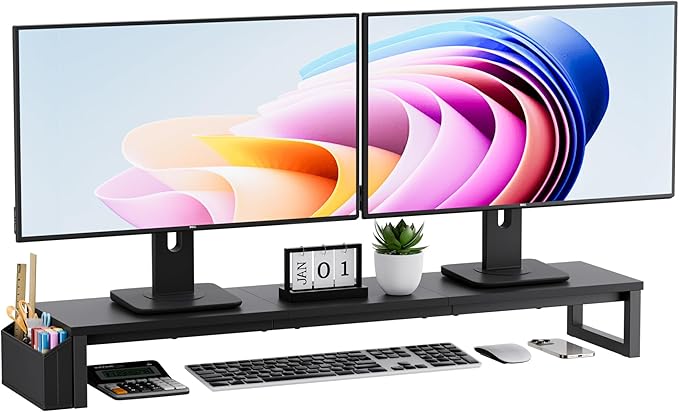 Dual Monitor Stand Riser, 41.5'' Extra Long Wood Monitor Stand Desktop Organizer with Side Pocket, Ergonomic Monitor Riser Supports 2 Monitors,TV,Laptop,Printer for Home Office, Black