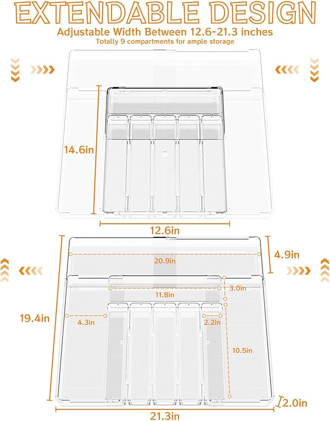 Clear Expandable Silverware Organizers for Kitchen Drawers,Large BPA Free Cutlery Organizer in Drawer,Plastic Utensil Drawer Organizer Suitable as Flatware,Knife,Fork,Spoon,Silverware Holder and Tray-NeatNest