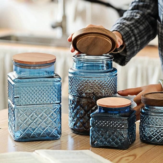 20.3oz Square Glass Canister, Candy Jar with Lid, Glass Food Storage Container for Ground Coffee, Tea, Sugar, Decorative Mason Jar Cute Jars (Blue)