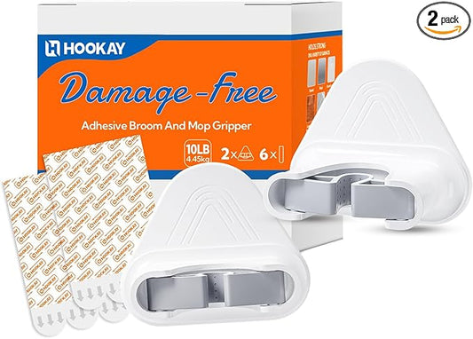 hookay 10lbs Broom and Mop Grippers, Damage-Free Hanging Wall Mount Broom Holder, No Tools Removable Hanging Organizer for home organization, Holds up to 10 lb, 2 Hangers and 6 Adhesive Strips-NeatNest