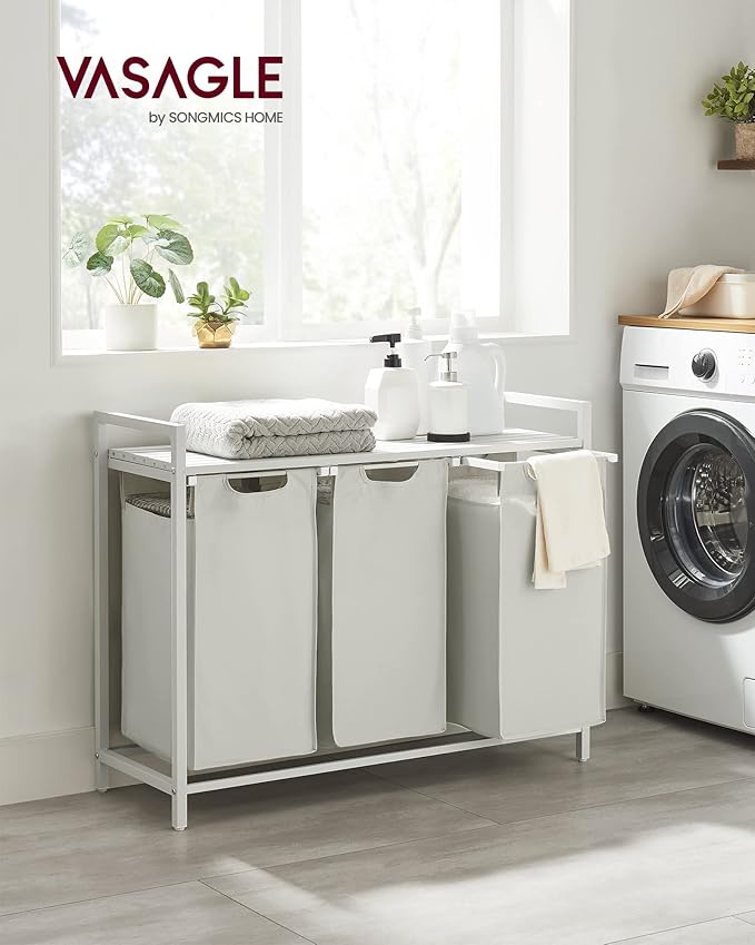 VASAGLE Laundry Hamper, Laundry Basket, Laundry Sorter with 3 Pull-Out and Removable Bags, Shelf, Metal Frame, 3 x 10.6 Gallons (40 L), 36.4 x 13 x 28.4 Inches, Cream White and Cloud White UBLH301W01-NeatNest