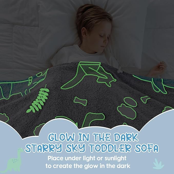 Comfy Toddler Chair and Couch for Kids with Blanket,2-in-1 Soft Plush Fold Out Toddler Couch for Girls and Boys,Convertible Sofa to Lounger for Playroom,Gray Dinosaur-NeatNest