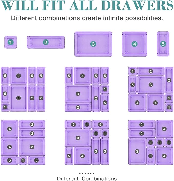 10 PCS Drawer Organizer Set, 4 Varied Size Bathroom and kitchen Drawer cabinet organizer Trays, Clear Storage Bins for Makeup, Jewelry, Utensils and Gadgets, Purple-NeatNest