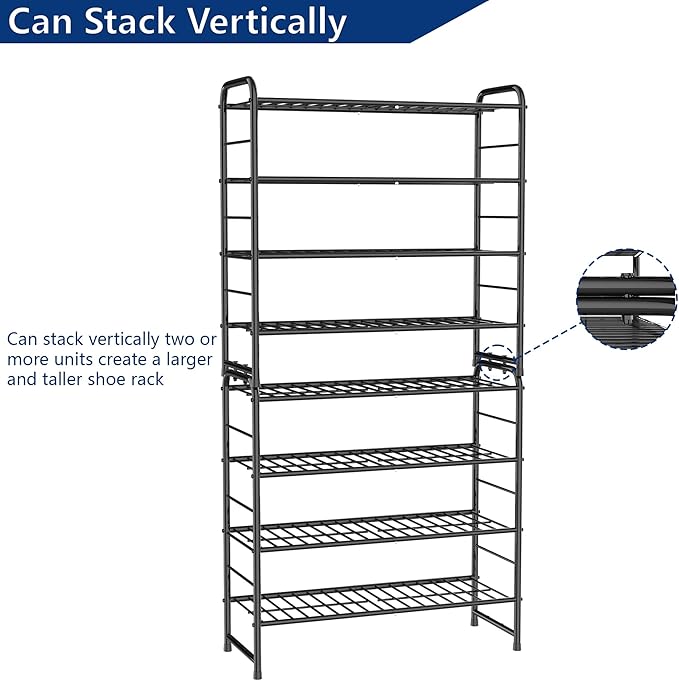 REGILLER 4-Tier Stackable Shoe Rack, Expandable & Adjustable Shoe Organizer Storage Shelf, High Capacity, Wire Grid, Black-NeatNest