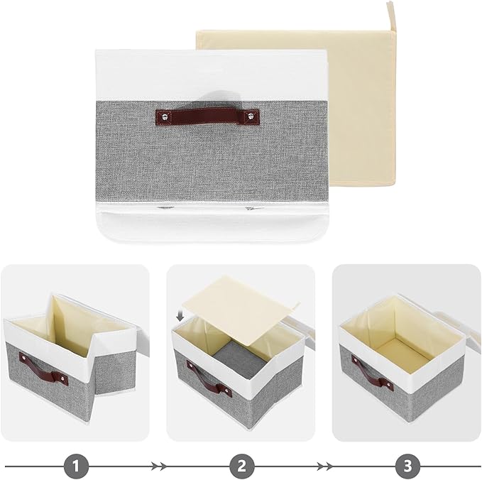 ANMINY Storage Boxes with Lids Washable Decorative Storage Bins Basket with PU Leather Handle Foldable Linen Fabric Storage Cubes Containers for Home Closet Organizer - Gray White, Small Size-NeatNest