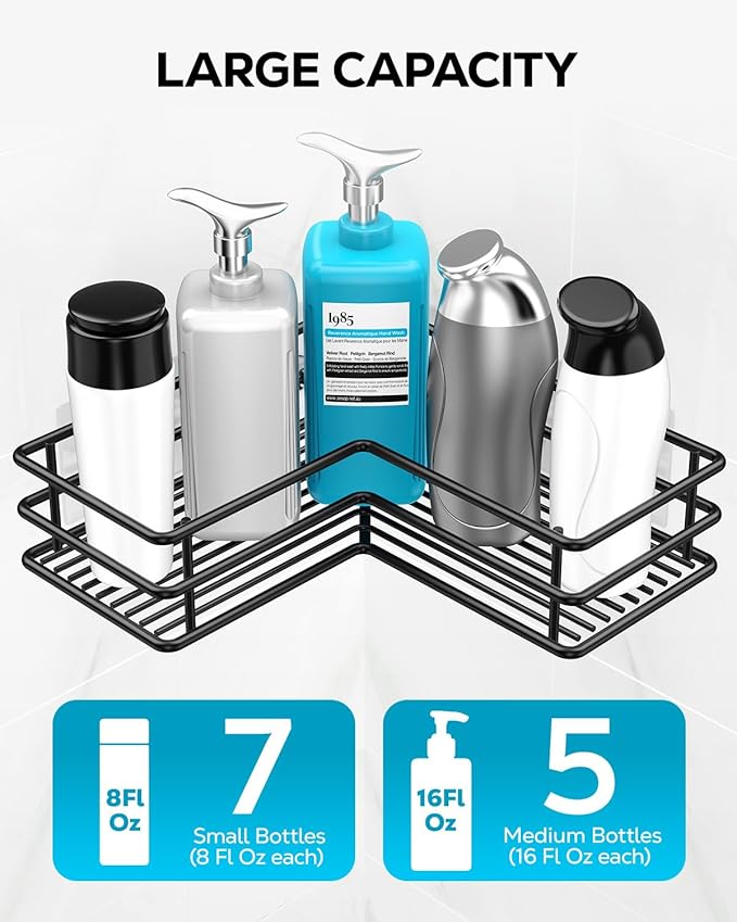 Nieifi Adhesive Corner Shower Caddy Shelf Basket Rack with Hooks, Rust Proof Stainless Steel Bathroom Shelf Shampoo Holder No Drilling (Black)