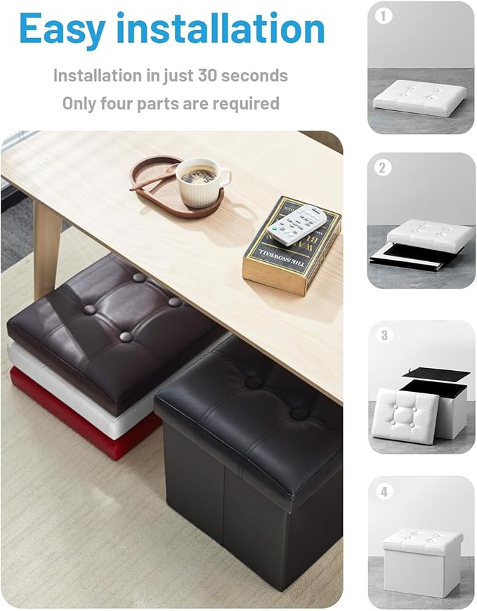AmasSmile Storage Ottoman Folding Foot Rest Stool, Leather Footstool Bench, Short Ottoman Stool, Storage Foot Rest Store, Books (White, 17" D x 13" W x 13" H)-NeatNest