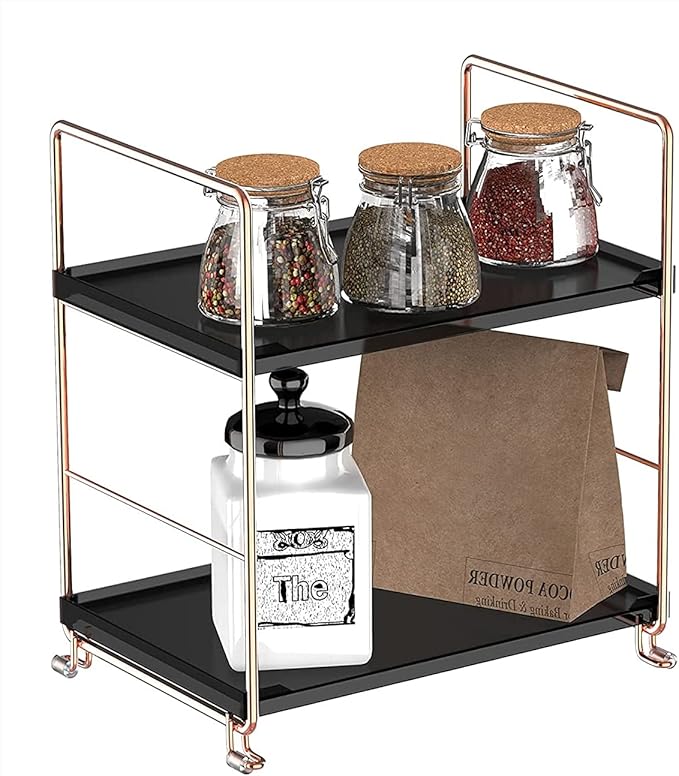 2-Tier Bathroom Countertop Organizer, Vanity Tray Cosmetic & Makeup Storage, Kitchen Spice Rack Standing Shelf, Corner Storage Shelf, Rose Gold&Black-NeatNest