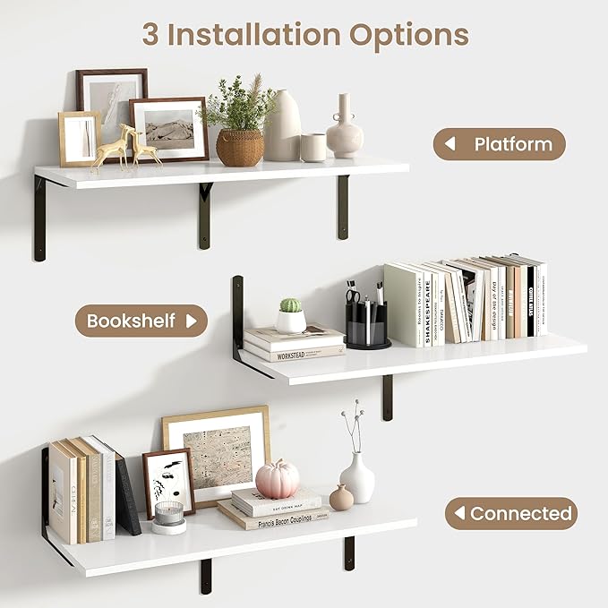 Fun Memories Floating Shelves for Wall, 12 Inch Deep Floating Shelves Set of 2, Wall Mounted Shelf with Metal Brackets, Rustic Wood Wide Shelf for Bathroom, Kitchen and Living Room, White, 36W x 12D-NeatNest