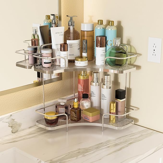 FOLLOWIN 2 Tier Bathroom Countertop Corner Organizer,Countertop Perfume Tray,Vanity Counter Shelf,Skincare Makeup Cosmetic Vanity Organizers,Silver-NeatNest