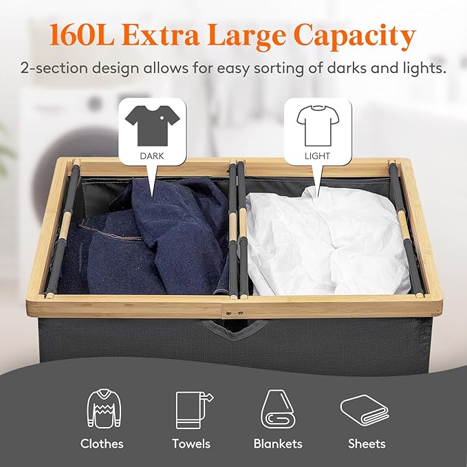 Lifewit 160L Double Laundry Hamper with Lid, Extra Large Bamboo Laundry Basket Dirty Clothes Hamper, 2 Section Laundry Bin Organizer for Laundry Room Bedroom with 2 Removable Liners & Bags, Black-NeatNest