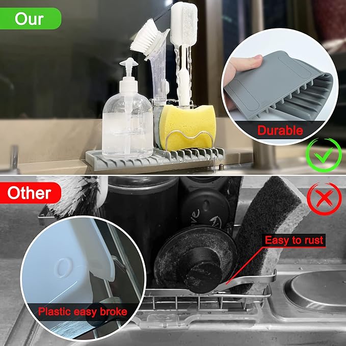 Sponge holder for kitchen sink caddy accessories gadgets, dish soap brush holder for sink organizer, soap tray holder drainer rack for bathroom -Gray-NeatNest