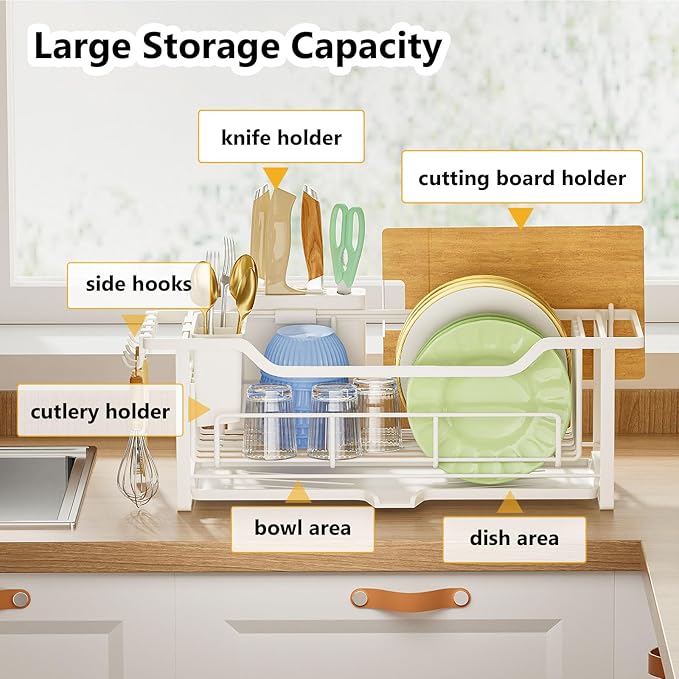 Narrow Dish Drying Rack for Kitchen Counter Auto Drain Iron Dish Drainer with Removable Cutlery Basket, White