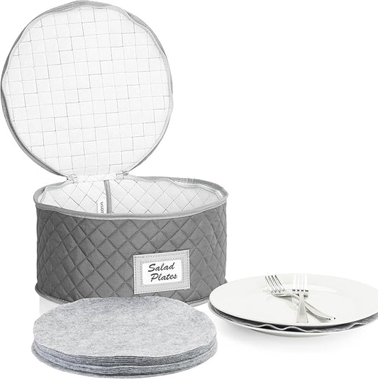 China Storage Case - Salad Plate Quilted Case - 10" W x 6" H - Gray - Includes 12 Felt Separators - Stackable With Padded Interior to Store your Dinnerware Dishes-NeatNest