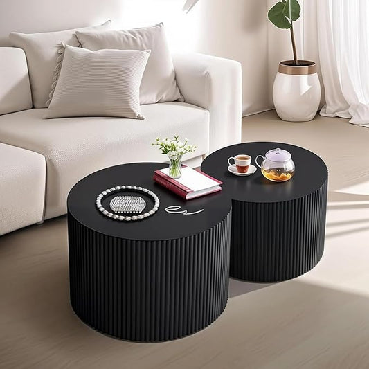 Black Round Fluted Coffee Table Set of 2 - Handcraft Embossed Design, Stylish Combination Center Drum Table for Living Room - No Assemble Needed (D-18.9IN+15IN)