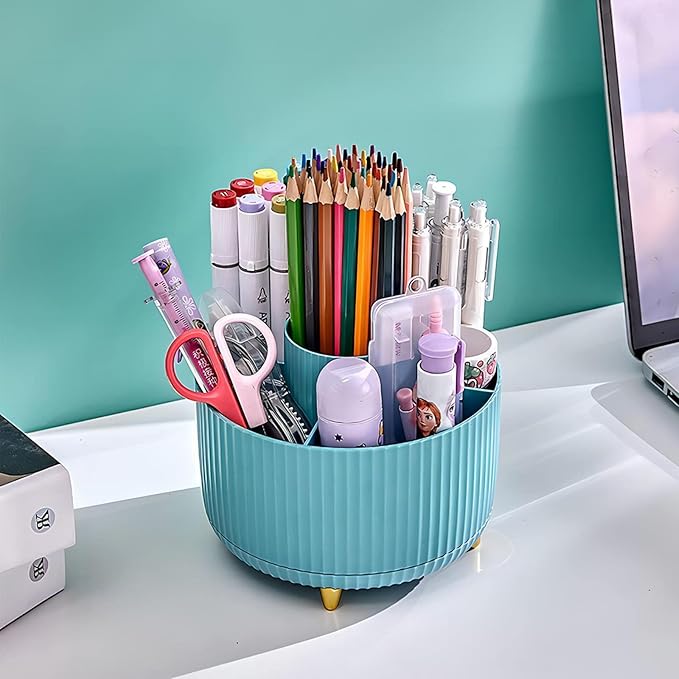 DASITON Large Capacity Makeup Brush Holder,360° Rotating Makeup Organizer,5 Slot Makeup Brushes Cup,for Vanity Decor,Bathroom Countertops,Desk Storage Container,Cosmetic Display cases(Blue)-NeatNest