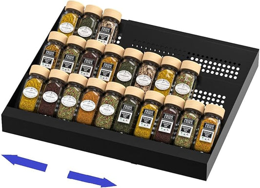 Expandable Metal Spice Drawer Organizer,3-Tier Slanted Seasoning Jars Tray for Kitchen Cabinet Drawers Insert/Countertop (Jars not included)-3Tier,1pack/Black-NeatNest
