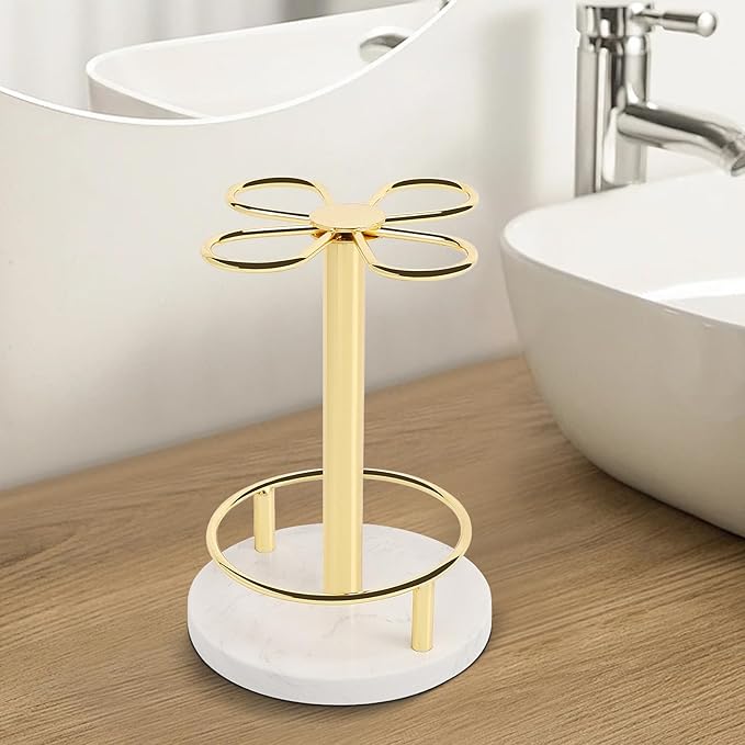 HarJue Toothbrush Holder Stand for Bathroom, Metal Toothbrush Organizer with Marble Base, Toothbrush Storage Collection for Family, Suitable for Home Hotel Countertop Vanity (Small, Gold)