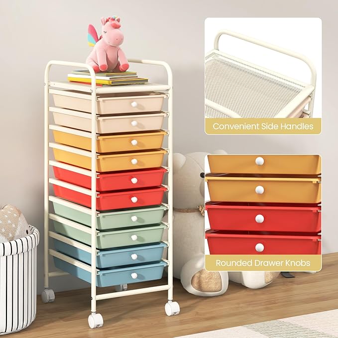 COSTWAY 10-Drawer Rolling Storage Cart, Utility Mobile Trolley with Removable Drawers & Universal Casters & 2 Brakes, Versatile Flexible Drawer Organizer Cart for Home, Office, Macaron-NeatNest