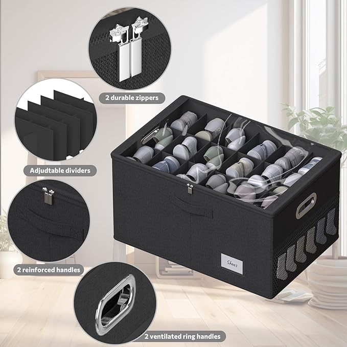 2 Pack Shoe Organizer for Closet Large Shoe Box Storage Containers with Clear Window Space Saving Shoe Bin with Foldable Bottom Support Adjustable Dividers Fits 32 Pairs (Black, (24.4*16.5*13inch)x2)-NeatNest