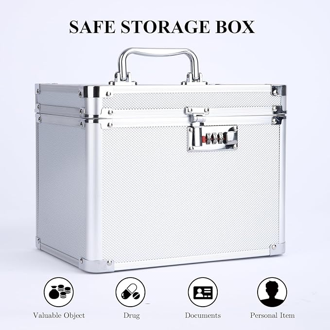 Medication Combination Lock Boxes with Code for Personal Items, Medicine Lockbox for Documents 10 x 7.25 x 7.75 Inches Silver