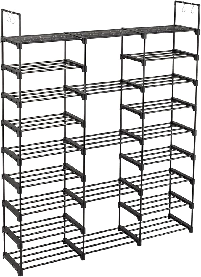 9-Tier Tall Shoe Rack - Free Standing Shoe Shelf Organizer - Large Metal Closet Organizer with Hooks - Stackable Stand for Bedroom Entryway - Holds Up to 55 Pairs of Shoes-Black-NeatNest