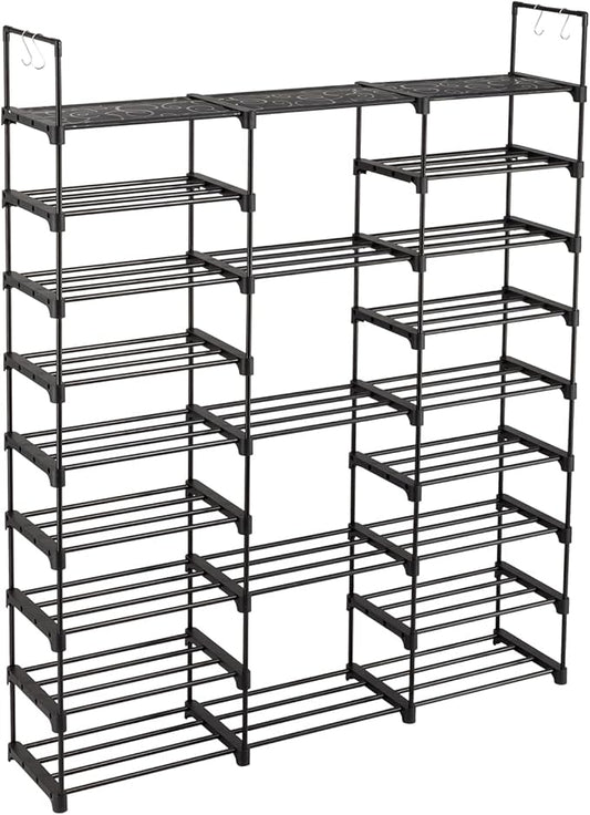 9-Tier Tall Shoe Rack - Free Standing Shoe Shelf Organizer - Large Metal Closet Organizer with Hooks - Stackable Stand for Bedroom Entryway - Holds Up to 55 Pairs of Shoes-Black-NeatNest