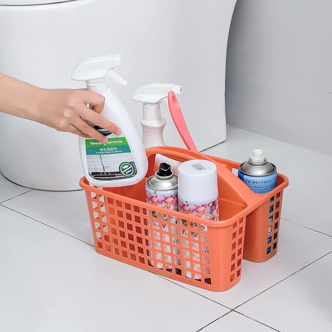 JiatuA Portable Shower Caddy Basket with Compartments Cleaning Supplies Organizer with Handle Plastic Storage Divided Tool Bin for Bathroom, Bedroom, Kitchen, College Dorm, Garden, Under Sink, Orange