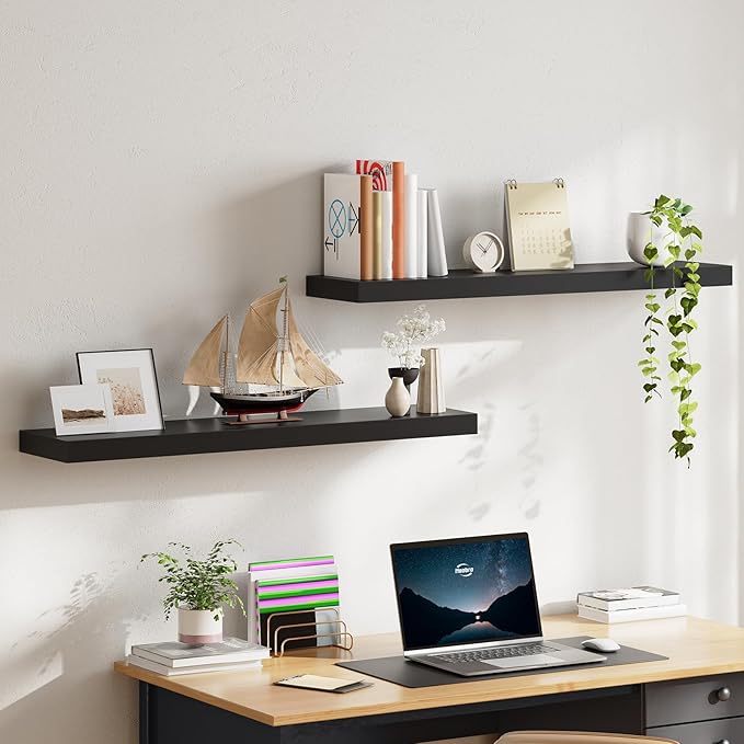HOOBRO Floating Shelves for Wall, Wall Mounted Shelf Set of 2, 39.4" Hanging Shelf with Invisible Brackets, for Wall in Bathroom, Bedroom, Toilet, Kitchen, Livingroom, Office, Black BK100BJP201-NeatNest