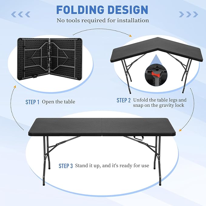 6ft Folding Table, Heavy Duty Foldable Table with Handle, Portable Fold-in-Half Utility Tables for Indoor & Outdoor Use Perfect for Camping BBQ Party Wedding Market Events, Black Ratten-NeatNest