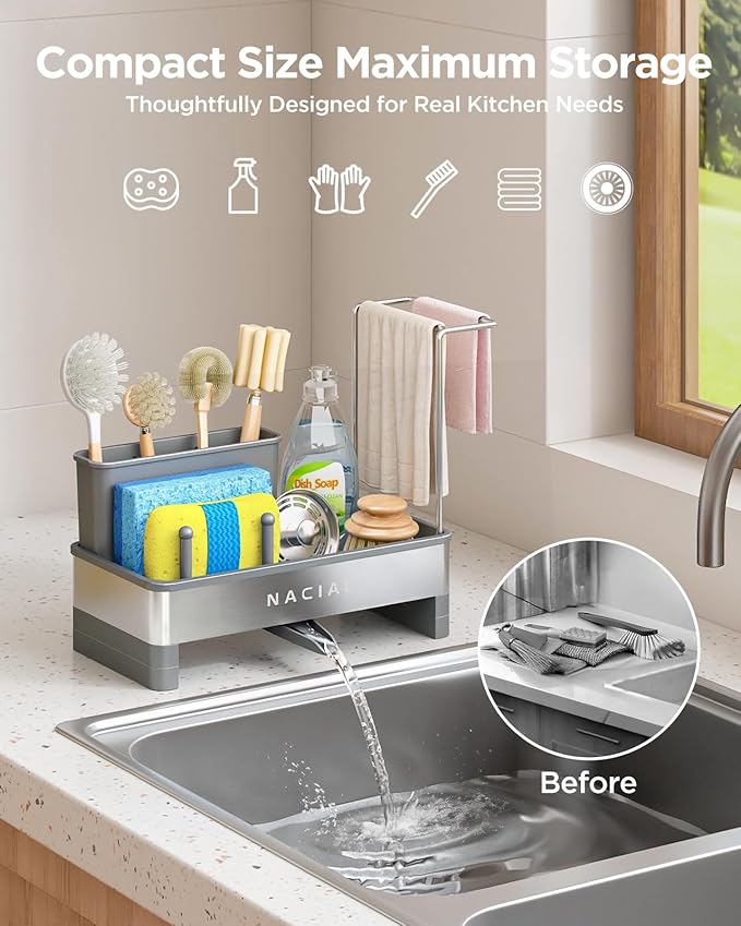 Nacial Sponge Holder for Kitchen Sink, Sink Caddy Organizer with High Brush Holder, Two Towel Racks & Soap Dispenser- Rustproof 304 Stainless Steel Kitchen Countertop Storage Essentials - Gris-NeatNest