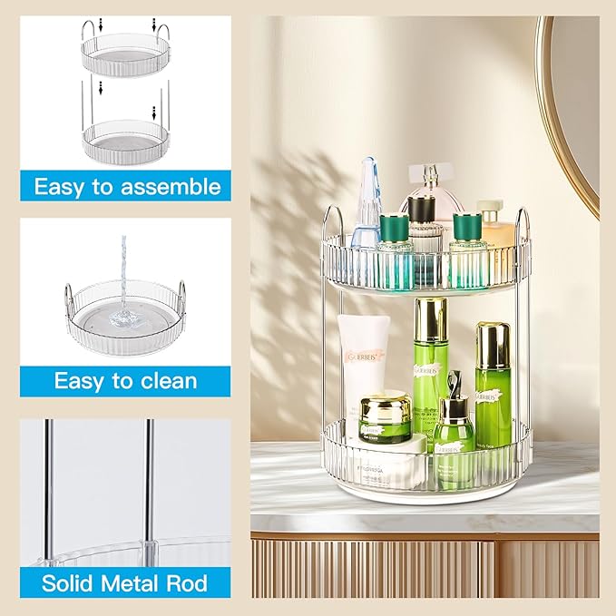 360 Rotating Makeup Organizer, 2 Tier Lazy Susan Bathroom Organizer, Easy to Install, Ideal Storage for Perfume, Skincare, Cosmetic, Dresser or Vanity Countertop (Silver Clear, 2 Tier)-NeatNest