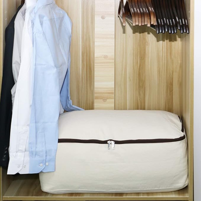 2PCS Canvas Storage Bag, 12OZ Thick Soft Breathable Closet Organizer for Beddings, Comforters, Pillows, Blankets, Clothes, 25.6×18.5×8.7inch, Beige-NeatNest