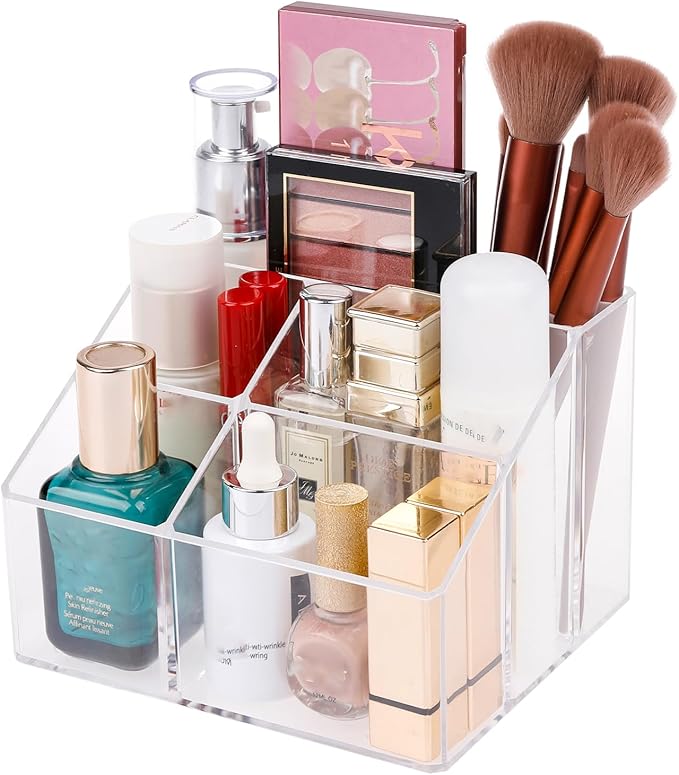 Yesesion Clear Makeup Organizer with 5 Compartments, Plastic Bathroom Counter Storage for Skincare, Toothbrush, Cosmetics Brushes, Palette, Lipsticks, Hair Accessories Holder for Vanity Dresser-NeatNest