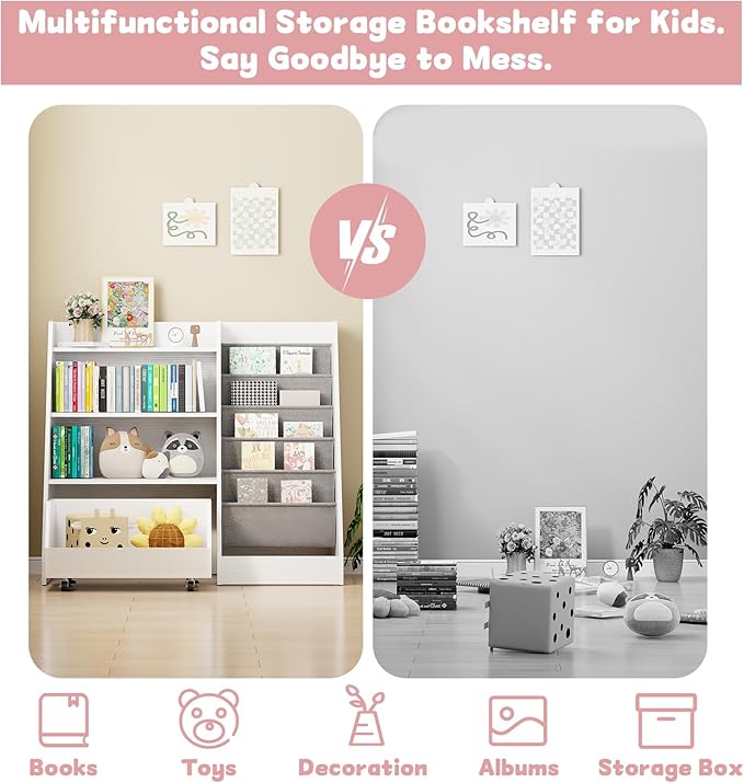 COZPAW Kids Bookshelf and Toy Storage, 4 Tier Toddler Bookshelf with Movable Drawer 5 Sling Pockets, Montessori Book Shelf for Kids Room, Playroom, Nursery (White)-NeatNest