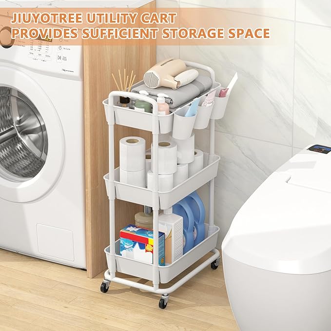 JIUYOTREE 3-Tier Plastic Rolling Storage Cart Utility Cart with Extra Hanging Cups Handles Lockable Wheels for Living Room Bathroom Kitchen Office White-NeatNest