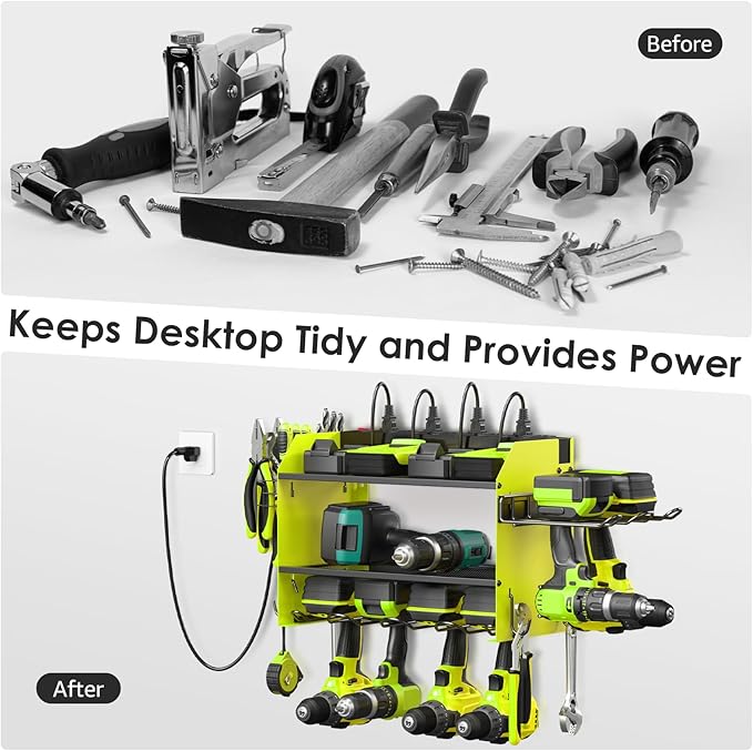 CCCEI Modular Power Tool Organizer Wall Mount Charging Station, Green 6 Drills Holder with 8 Plug Power Strip 10FT, Garage Drill Battery Heavy Duty Metal Shelf, Utility Rack with Hooks, Side Storage.-NeatNest