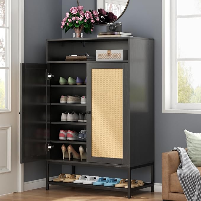 Rattan Shoe Organizer with Doors, Shoe Storage Cabinet with Adjustable Shelves for Entryway, 7-Tier Entryway Shoe Rack Storage for Hallway, Closet, Living Room-NeatNest