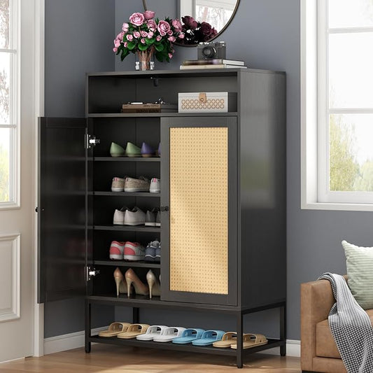 Rattan Shoe Organizer with Doors, Shoe Storage Cabinet with Adjustable Shelves for Entryway, 7-Tier Entryway Shoe Rack Storage for Hallway, Closet, Living Room-NeatNest