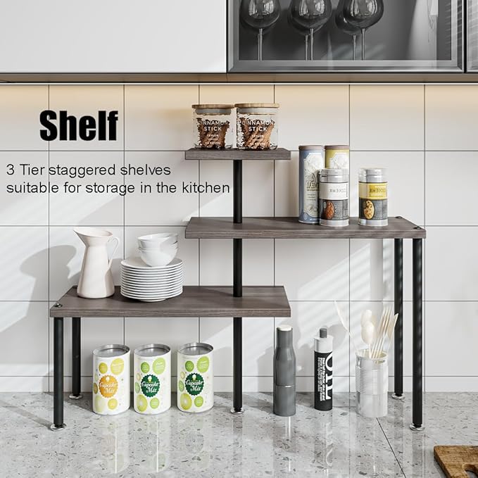 Countertop Organizer Organization 3 Tier Kitchen Corner Shelves Adjustable Spice Storage Rack for Bathroom Coffee Area Over Sink (Dark Gray Oak)-NeatNest